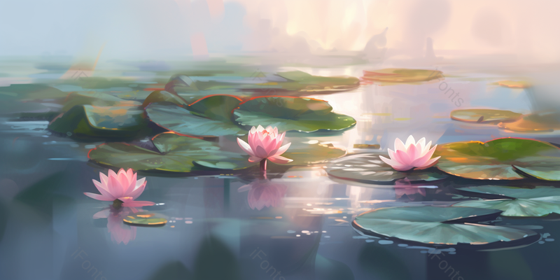 绿色清爽夏天晚霞阳光浪漫荷花在池塘里绽放中国风背景插画,插画/手绘图,插画/手绘图库,插画/手绘图下载,插画/手绘